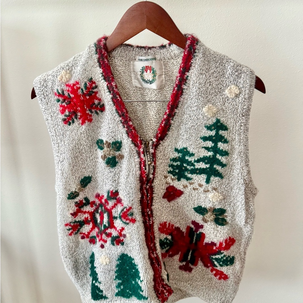 Vintage Hand Embroidered Christmas Sweater Vest Large Holiday Knit 90s